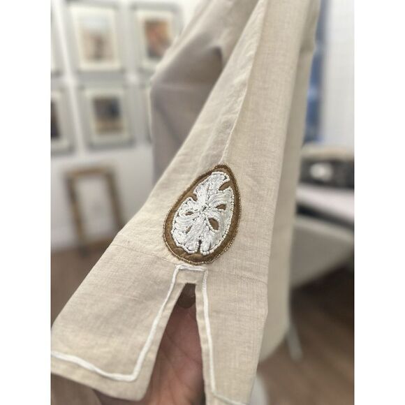 BARBARA GERWIT Linen Blouse Top S/M Tunic‎ Beaded Shirt Sand Dollar Ivory Beach - Picture 6 of 12